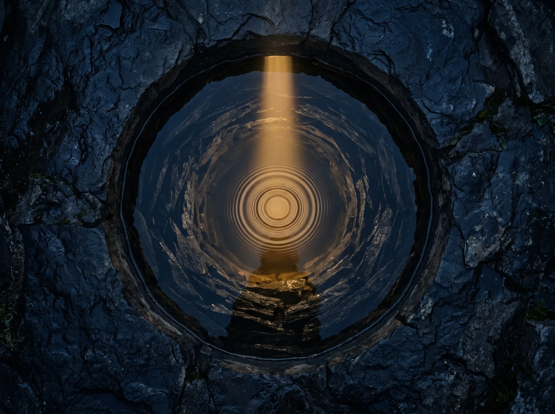A well of clear water lit from above by an amber light